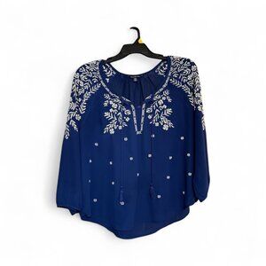 American Eagle Outfitters: Women's XL: Blue Sheer Embroidered Blouse